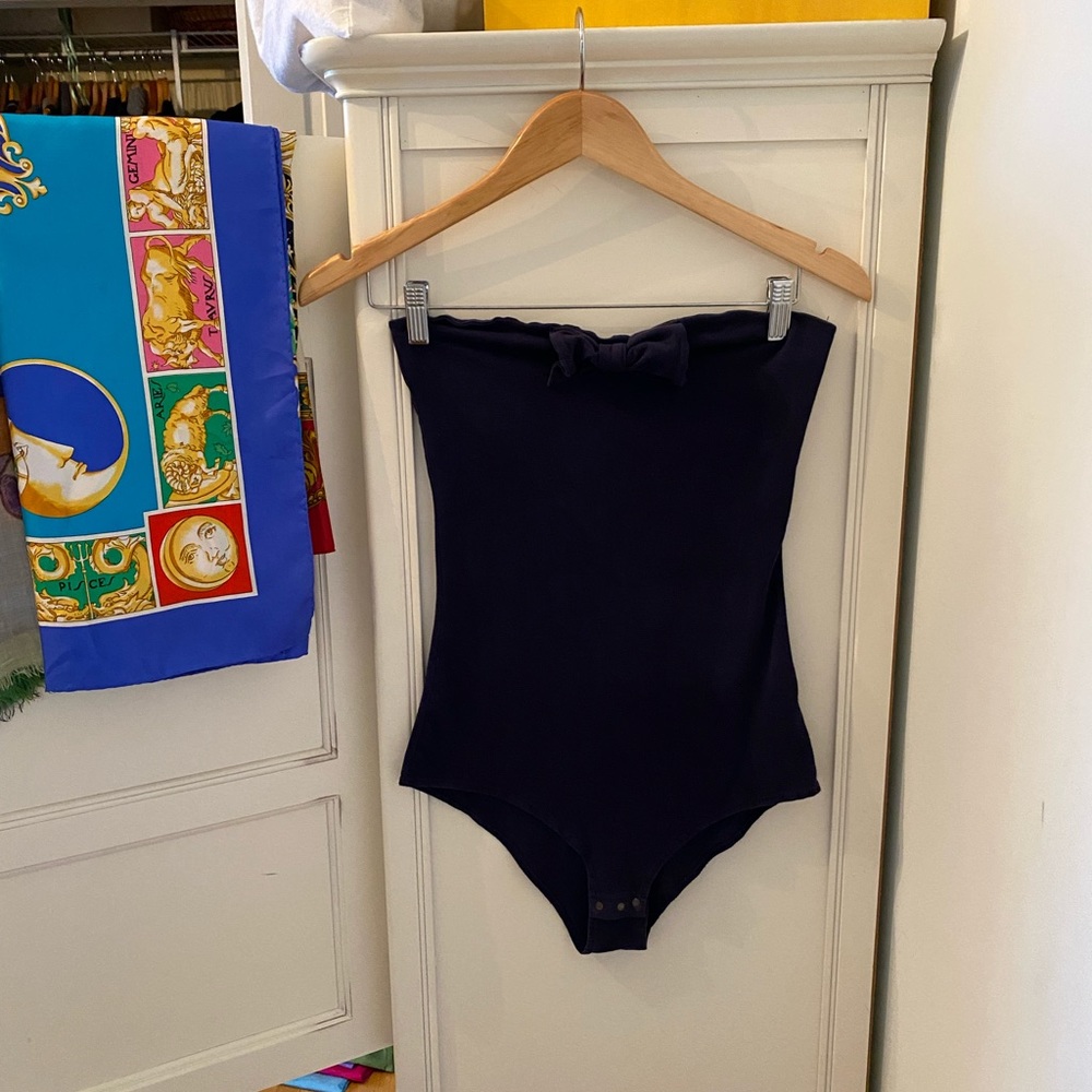 Zara Navy Blue Bow Bodysuit Top
